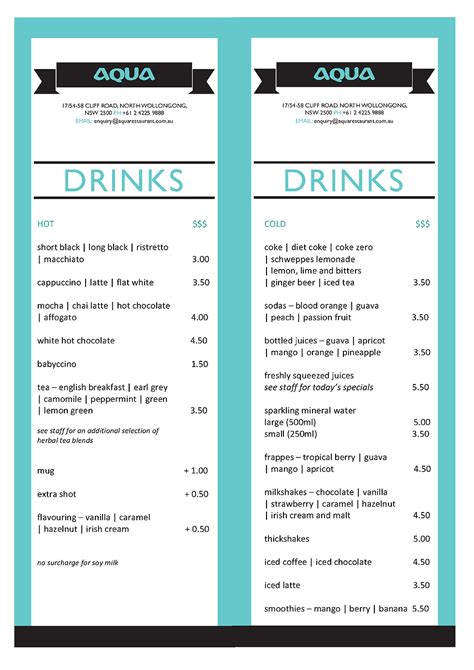 Aqua Townsville Casino Menu