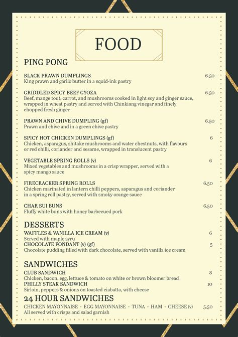 Grosvenor Party Casino Menu